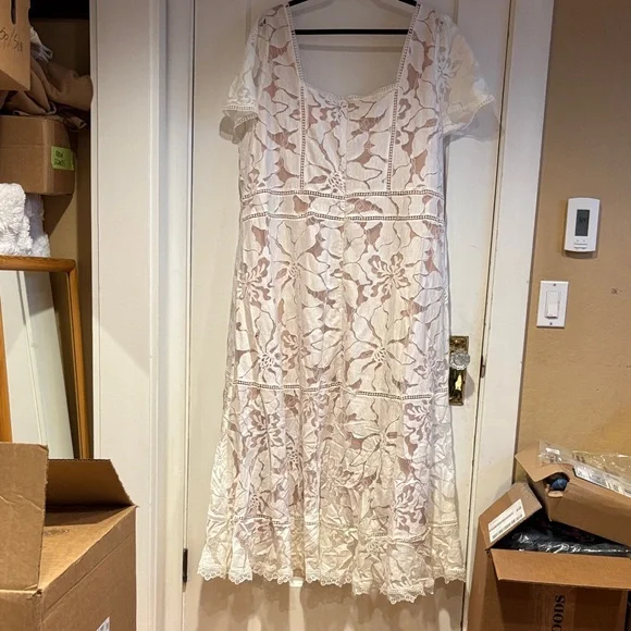 Anthropologie Cream Lace Dress with short sleeves. - Picture 6 of 11